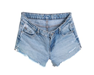 Stylish light blue denim shorts isolated on white