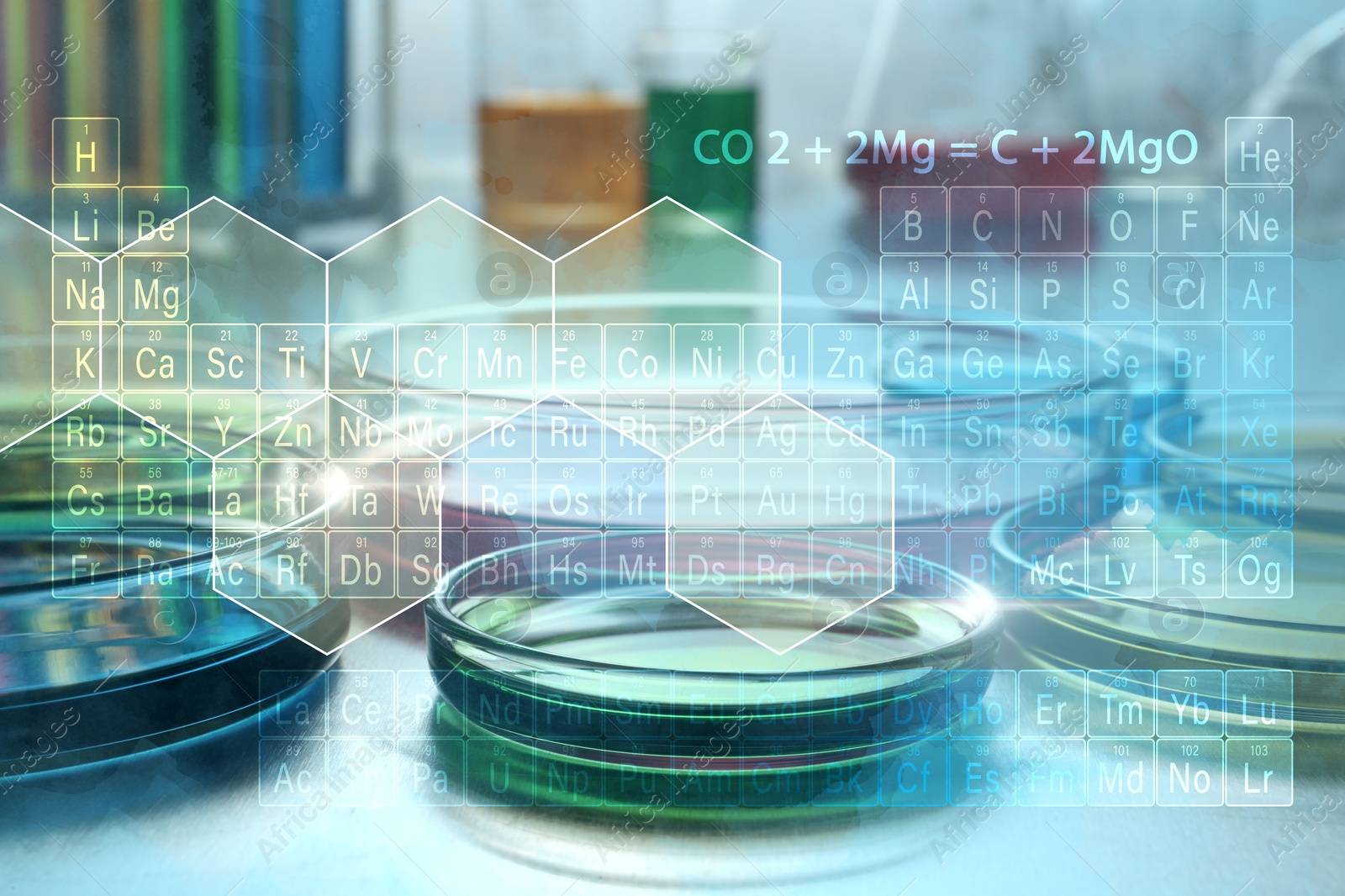 Image of Petri dishes with colorful samples on desk, periodic table and chemical formulas, double exposure