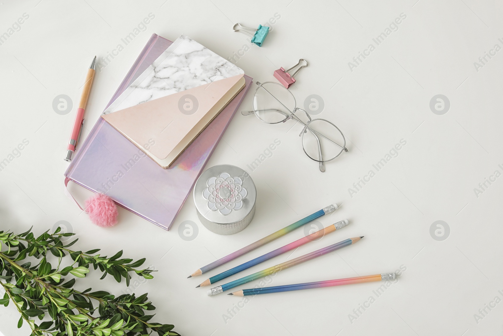 Photo of Composition with notebooks, green branch and space for text on light background, top view. Blogger's workplace