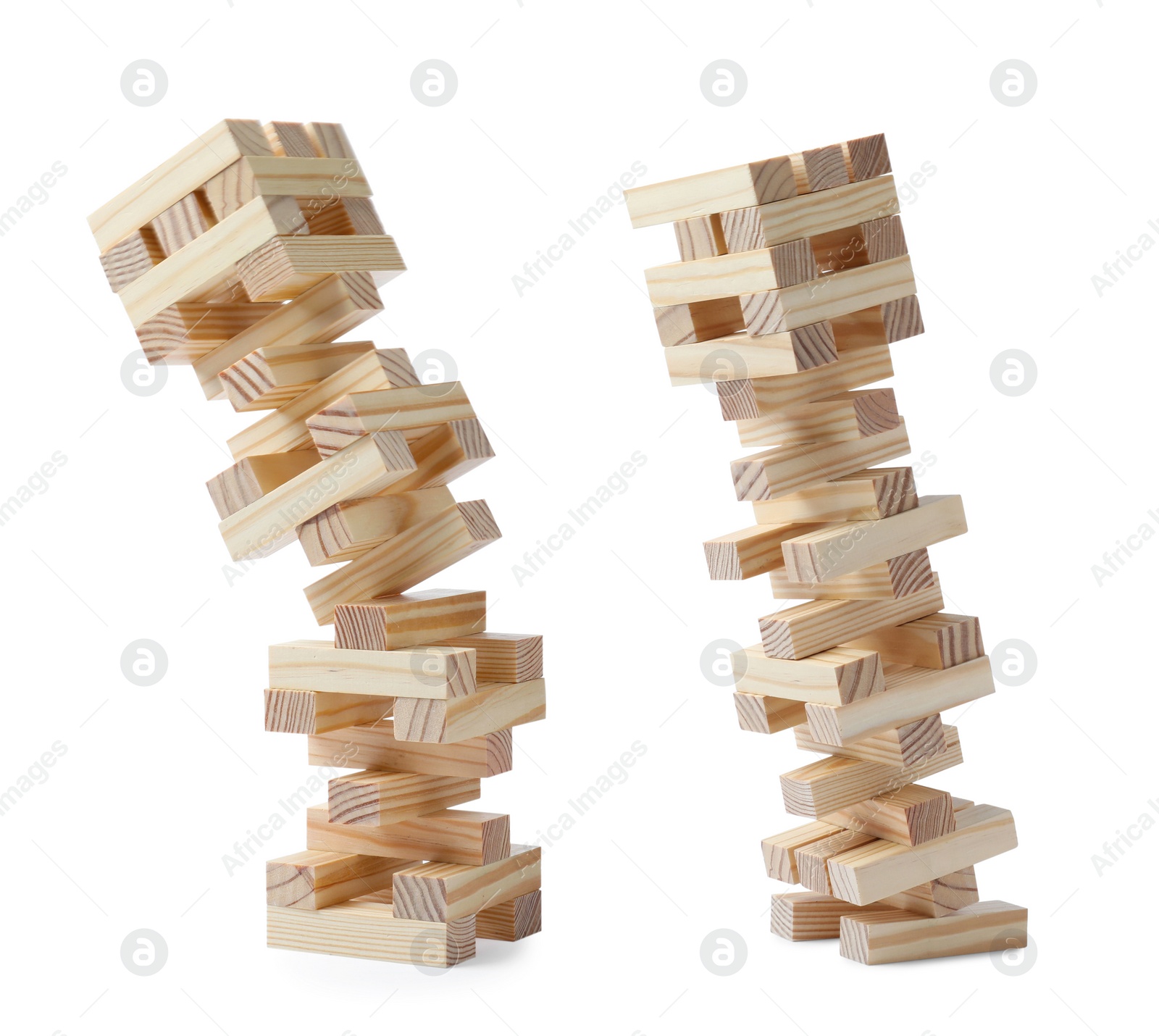 Image of Jenga towers of wooden blocks falling on white background