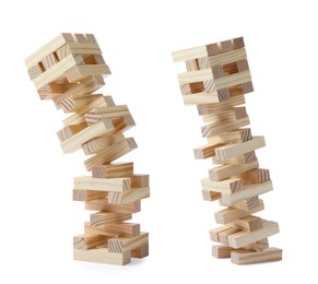 Image of Jenga towers of wooden blocks falling on white background