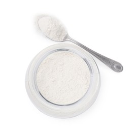 Baking powder in glass jar and spoon isolated on white, top view