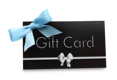 Photo of Gift card with bow isolated on white