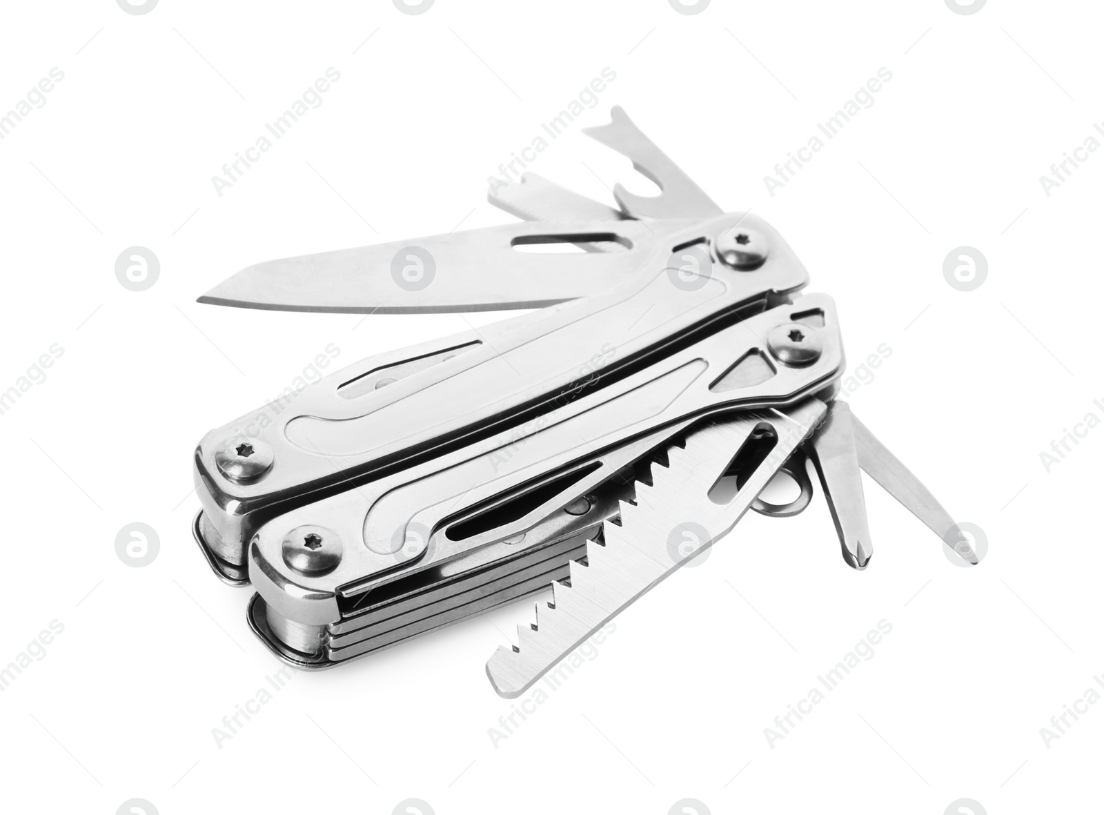 Photo of Compact portable metallic multitool isolated on white