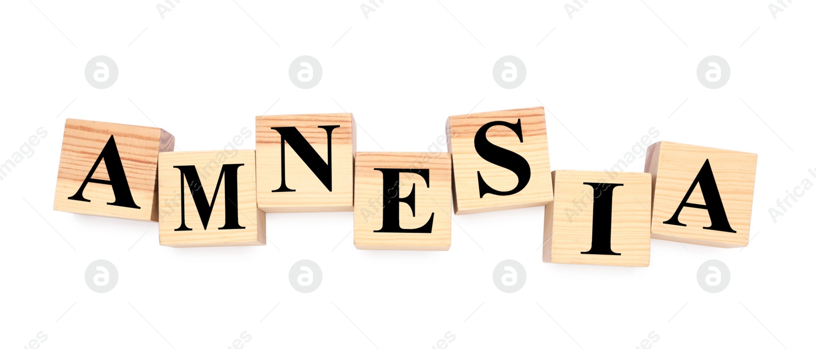 Photo of Wooden cubes with word Amnesia on white background, top view