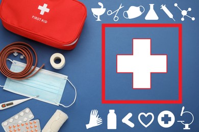 First aid kit, cross and different images on blue background, flat lay