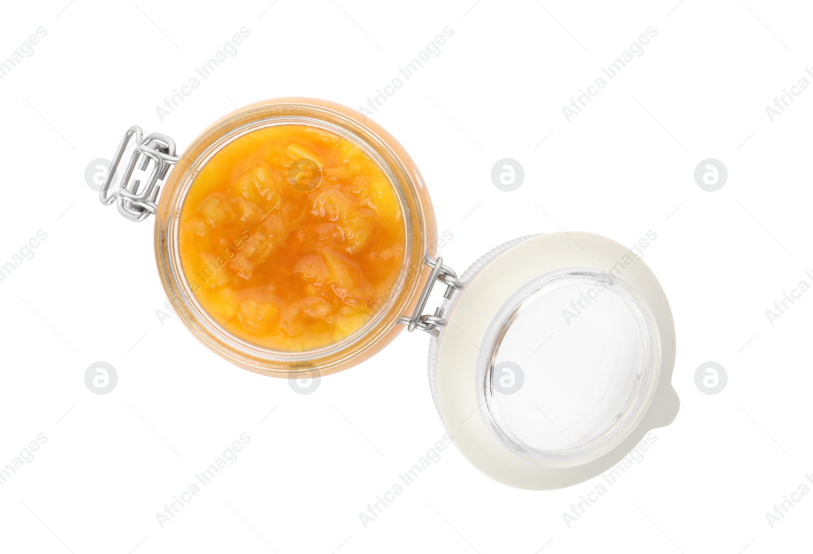 Photo of Jar of apricot jam isolated on white, top view