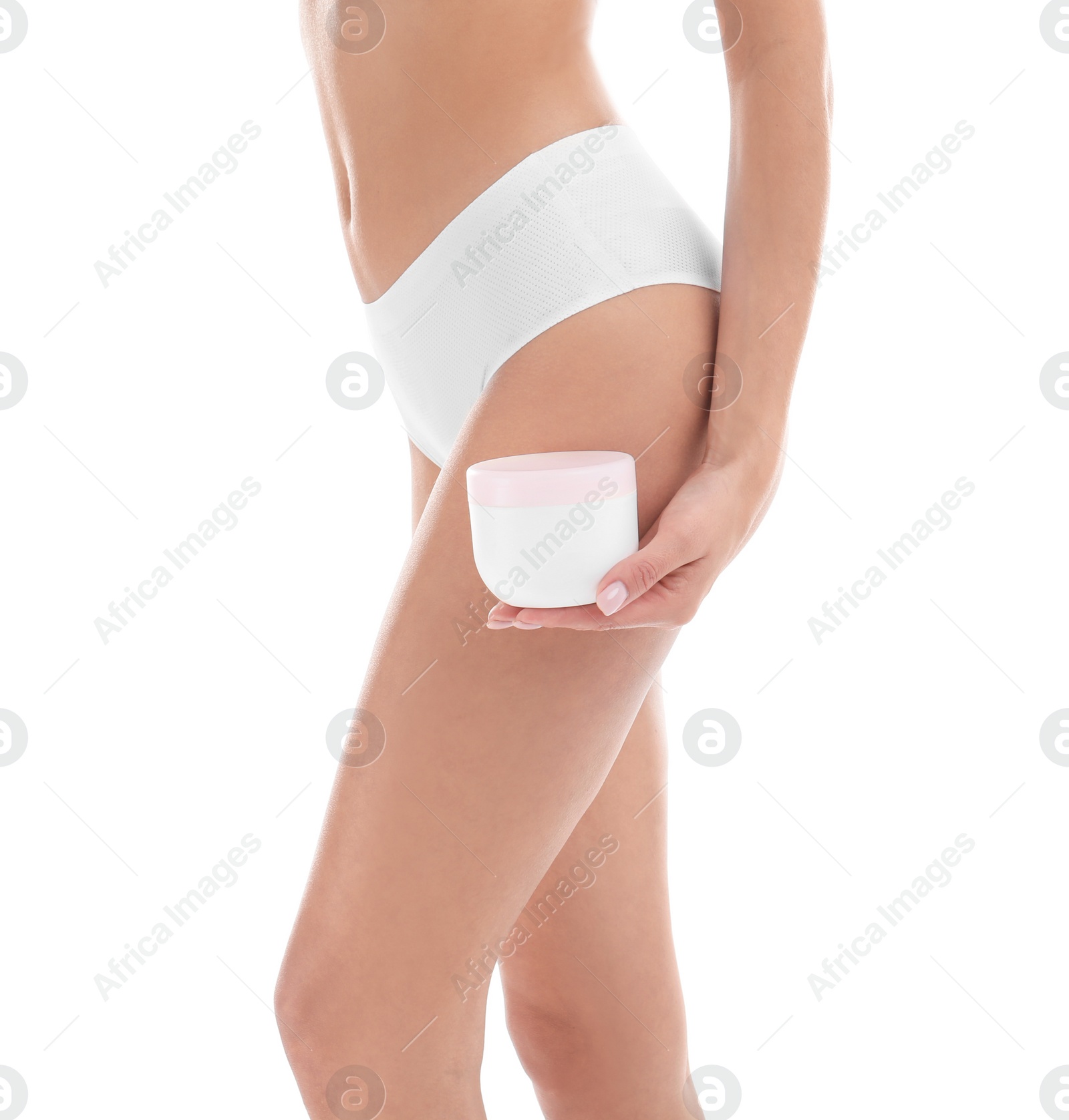 Photo of Young woman with jar of cream on white background. Beauty and body care