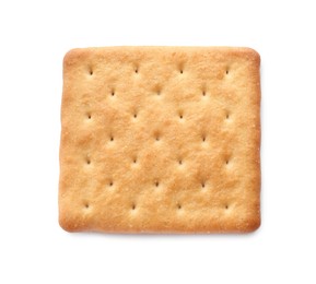 Photo of One crispy cracker isolated on white, top view. Delicious snack