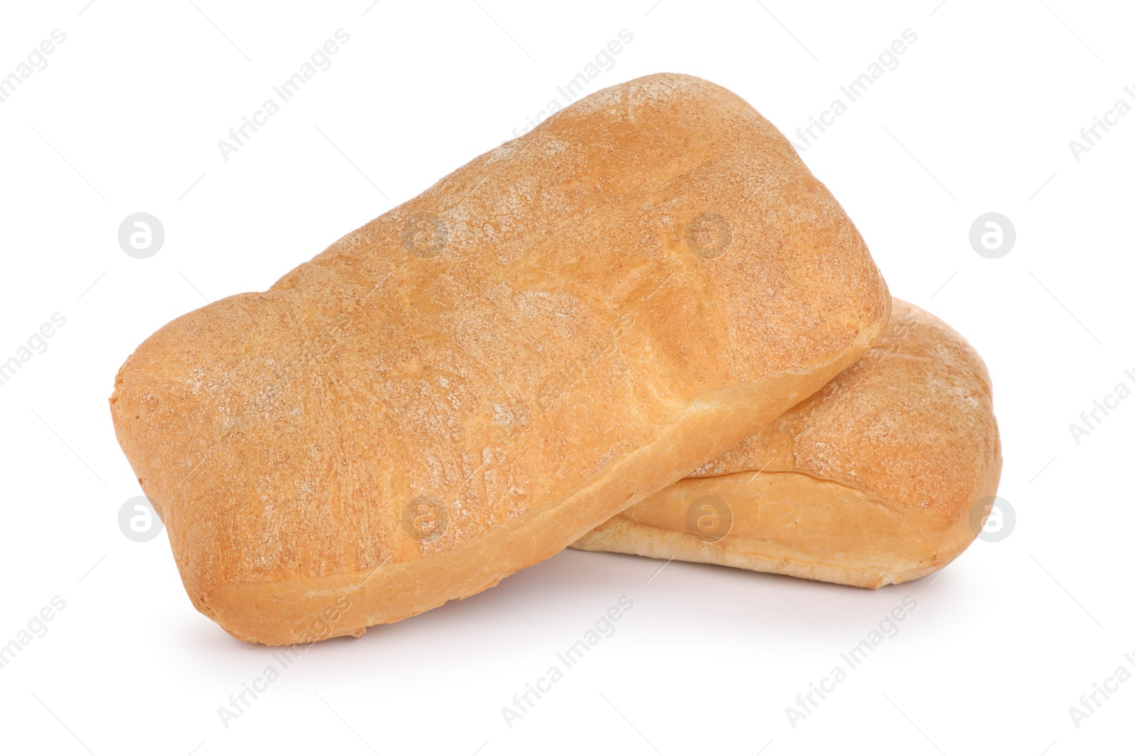 Photo of Delicious freshly baked crispy ciabattas on white background