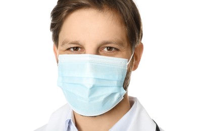 Photo of Doctor or medical assistant (male nurse) with protective mask on white background