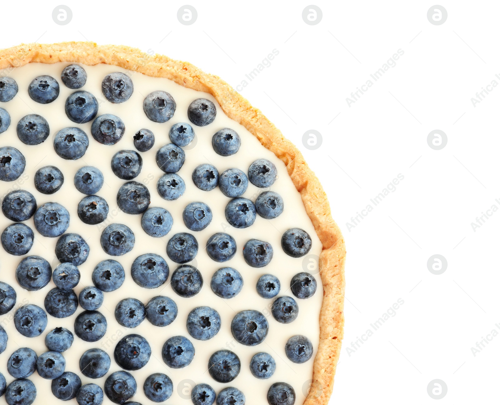 Photo of Tasty blueberry cake on white background, top view