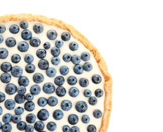 Photo of Tasty blueberry cake on white background, top view