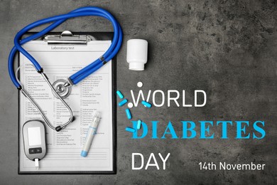 World Diabetes Day. Form of laboratory test, digital glucometer, lancet pen, pills and stethoscope on grey table, top view. Banner design
