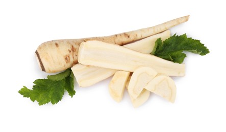 Tasty fresh ripe parsnips on white background, top view