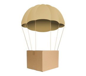 Image of Cardboard box with parachute flying on white background
