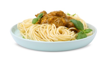 Photo of Delicious pasta and chicken with curry sauce isolated on white