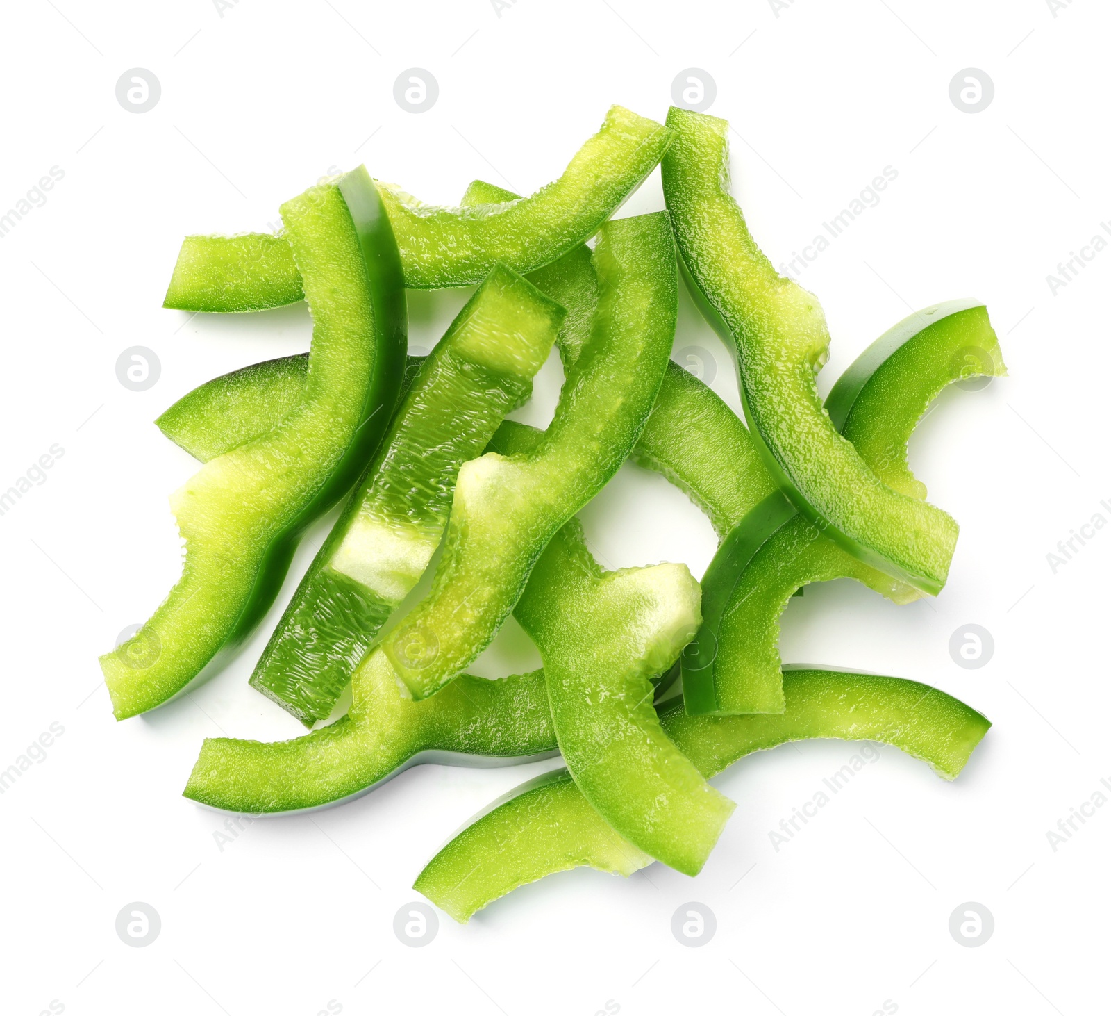 Photo of Pile of green bell pepper slices on white background, top view