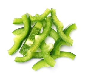 Pile of green bell pepper slices on white background, top view