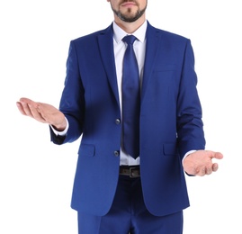 Businessman showing balance gesture on white background