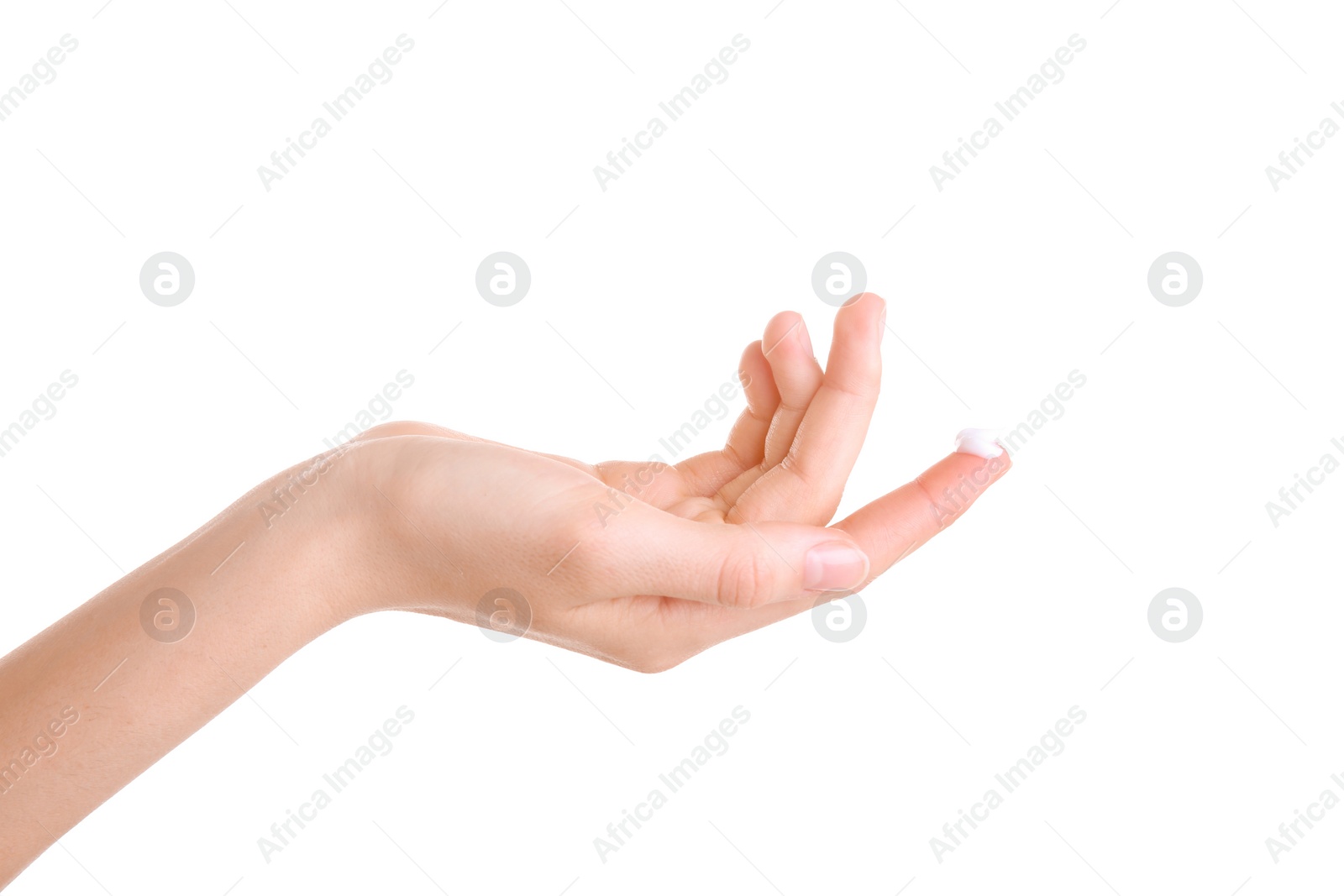 Photo of Young woman applying hand cream against on white background