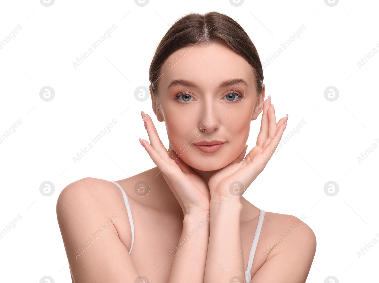 Photo of Beautiful woman with healthy skin on white background