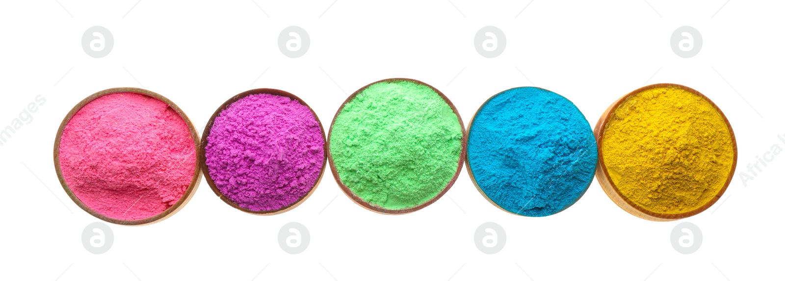 Photo of Colorful powders in bowls on white background, top view. Holi festival celebration