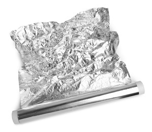 Roll of aluminum foil isolated on white, top view