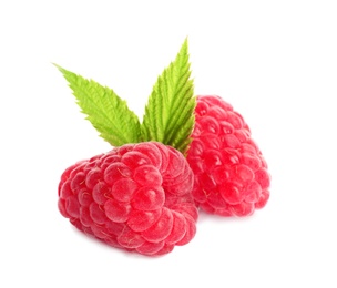 Delicious ripe sweet raspberries with leaves isolated on white