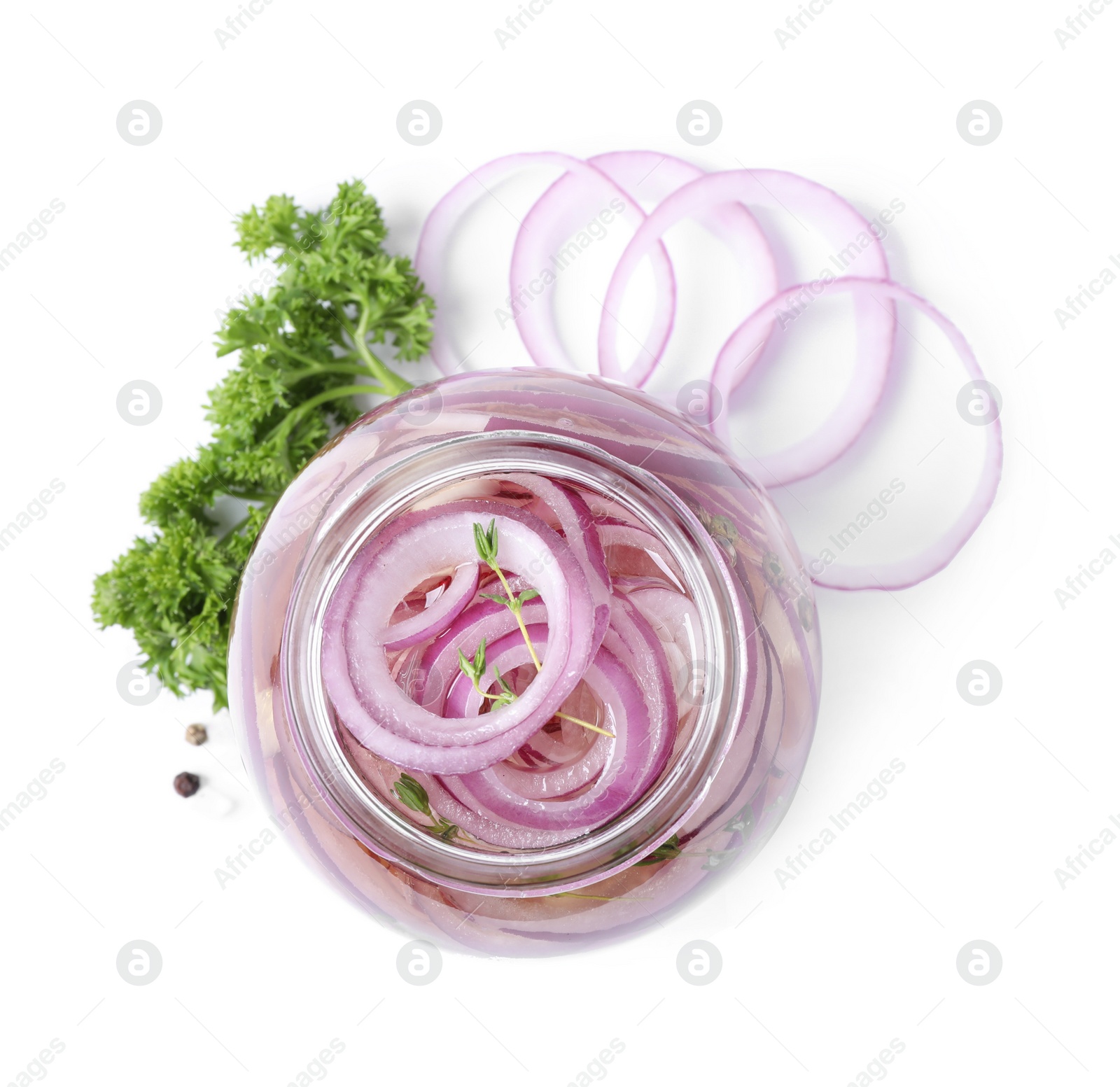 Photo of Jar of pickled onions on white background, top view