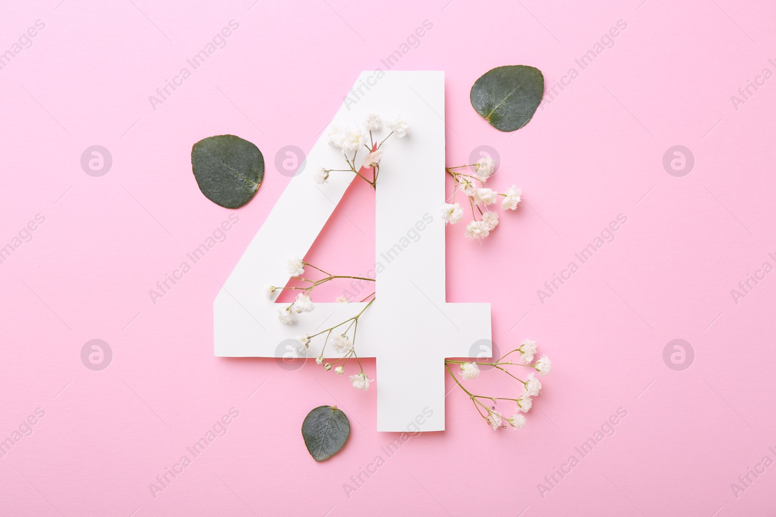 Photo of Paper number 4, gypsophila flowers and eucalyptus leaves on pink background, flat lay