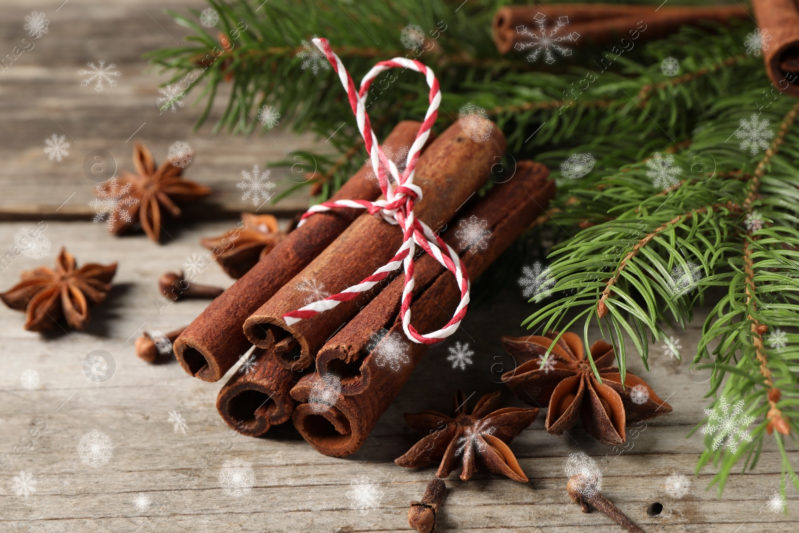 Image of Different spices and fir tree branches on wooden table, closeup. Cinnamon, anise, cloves