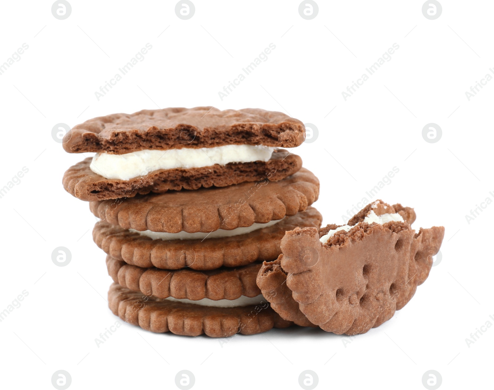 Photo of Tasty chocolate sandwich cookies with cream on white background