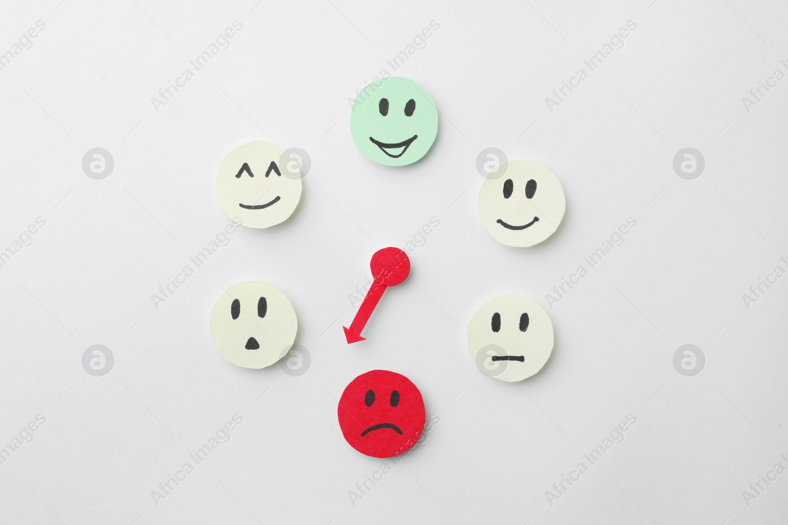 Photo of Mood indicator on white background, flat lay. Emotional management