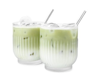 Glasses of tasty iced matcha latte isolated on white