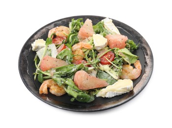 Photo of Delicious pomelo salad with shrimps and cheese on white background