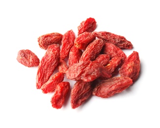 Pile of dried goji berries on white background