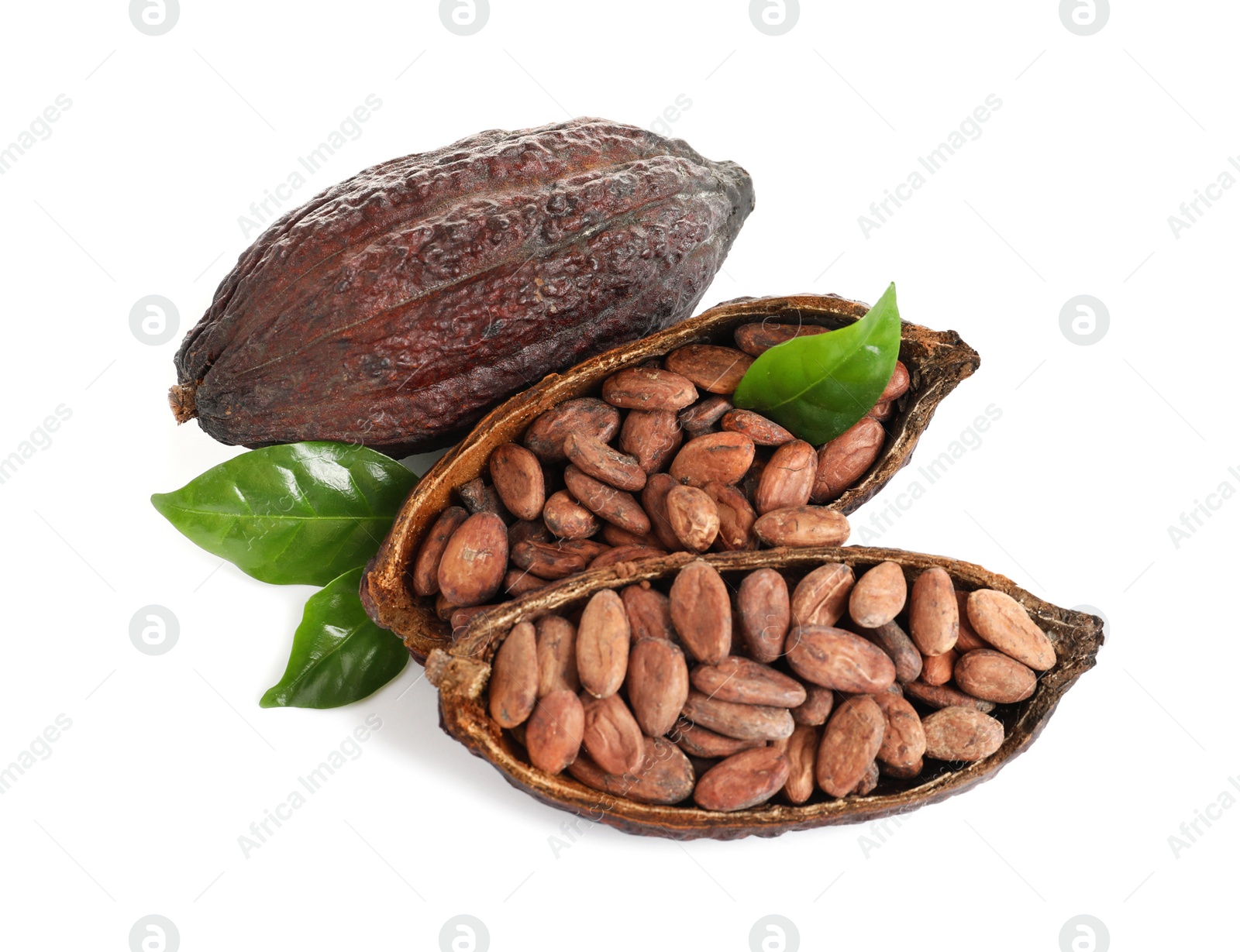 Photo of Composition with cocoa beans on white background, top view