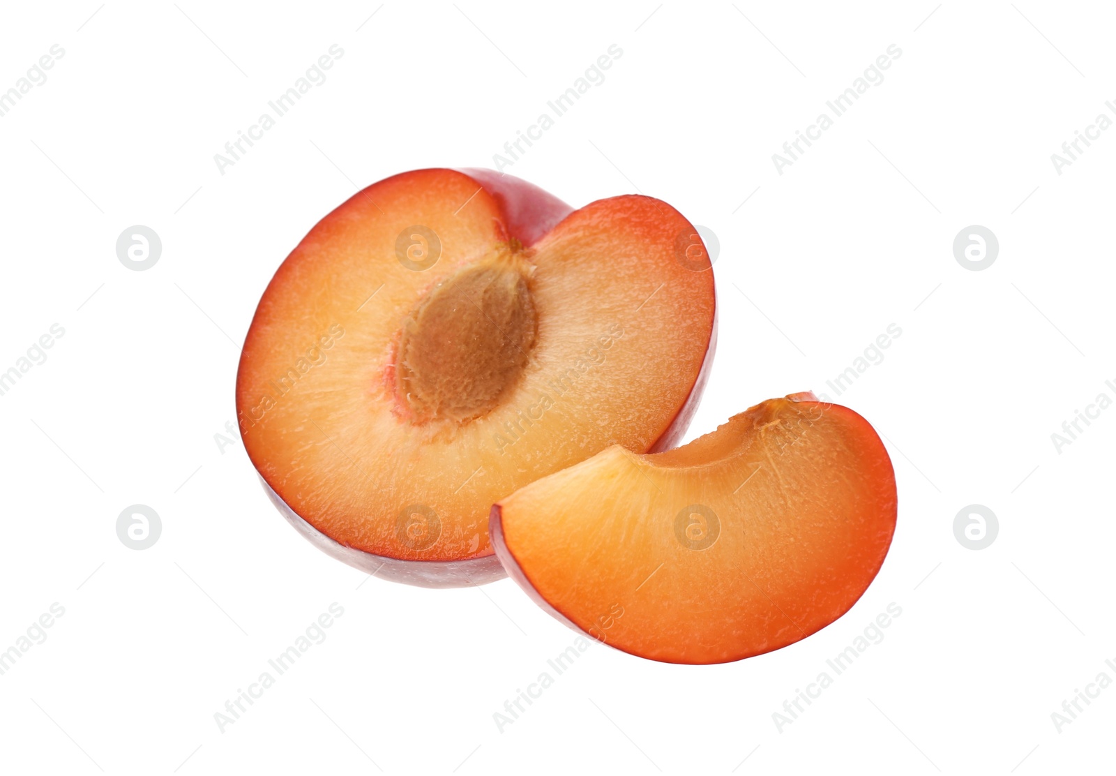 Photo of Cut fresh ripe plum isolated on white