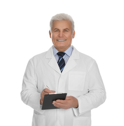 Photo of Happy senior man in lab coat with clipboard on white background