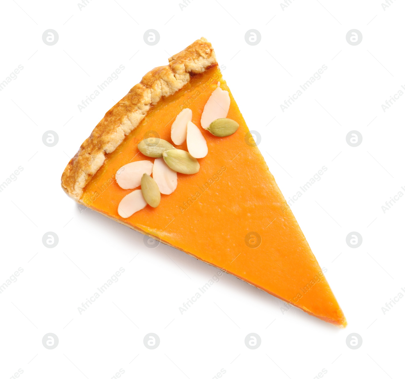 Photo of Piece of fresh delicious homemade pumpkin pie on white background, top view