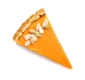 Piece of fresh delicious homemade pumpkin pie on white background, top view
