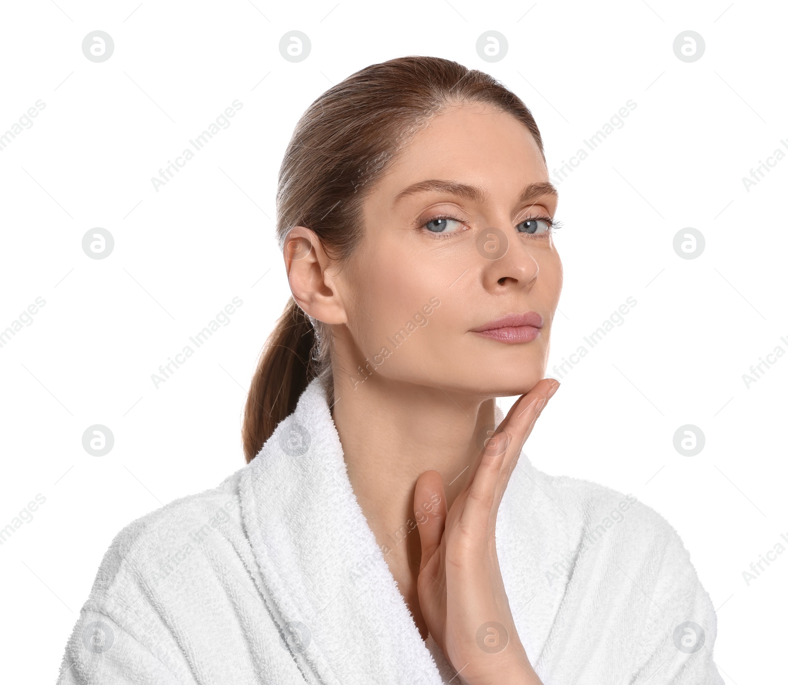 Photo of Woman massaging her face on white background