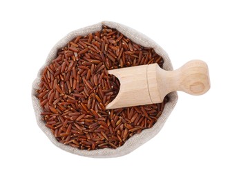 Raw red rice in sack isolated on white, top view