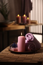 Photo of Beautiful composition with different spa products on wicker bench indoors