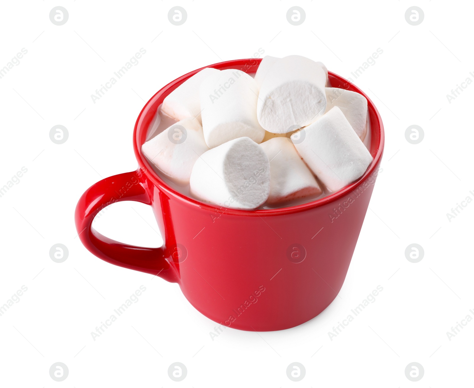 Photo of Cup of aromatic hot chocolate with marshmallows isolated on white