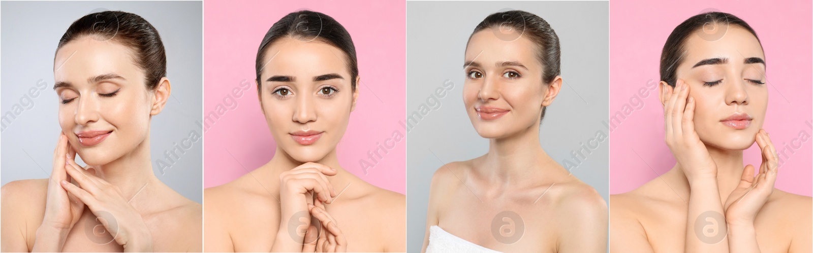 Image of Young beautiful women with perfect skin on different color backgrounds, collage of portraits. Banner design