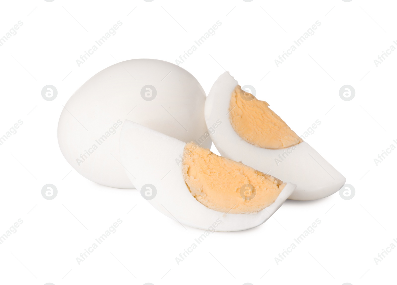 Photo of Fresh peeled hard boiled eggs on white background