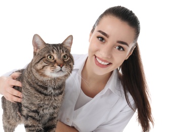 Photo of Veterinarian doc with cat on white background