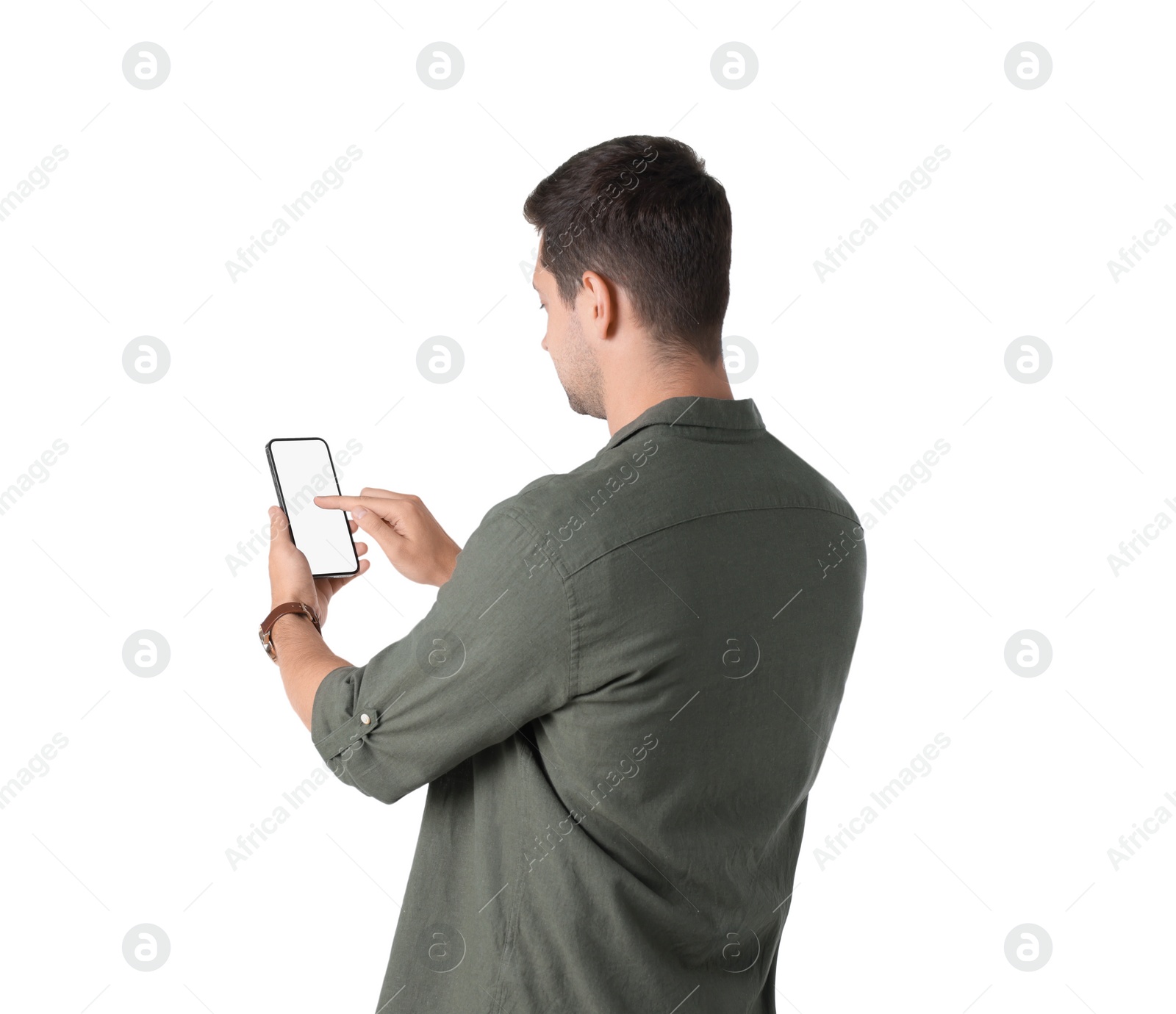 Photo of Man using smartphone with blank screen on white background